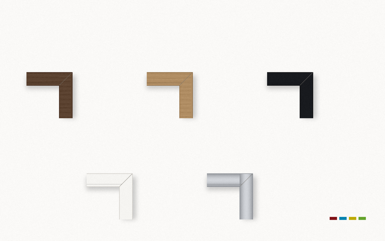 Frame corner samples — walnut, oak, black, white and aluminum