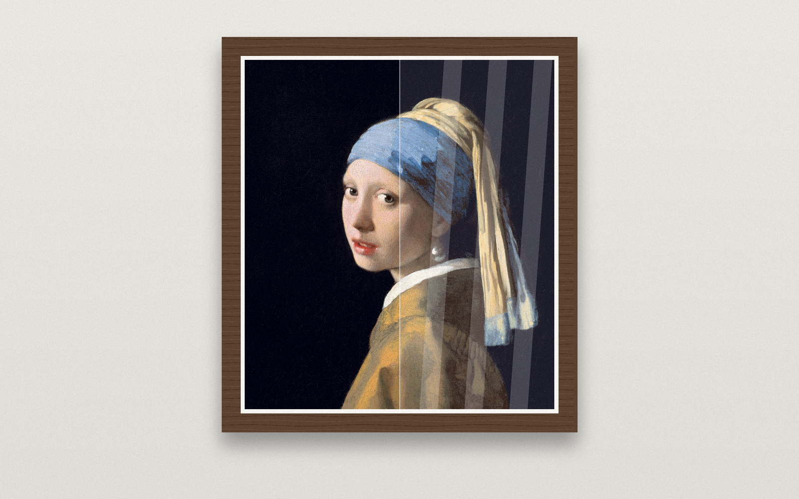 Framed painting shown half behind museum glazing, half behind standard glass